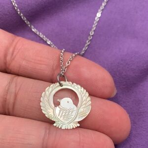 Vintage Silver Mother of Pearl Bird Pendant Necklace